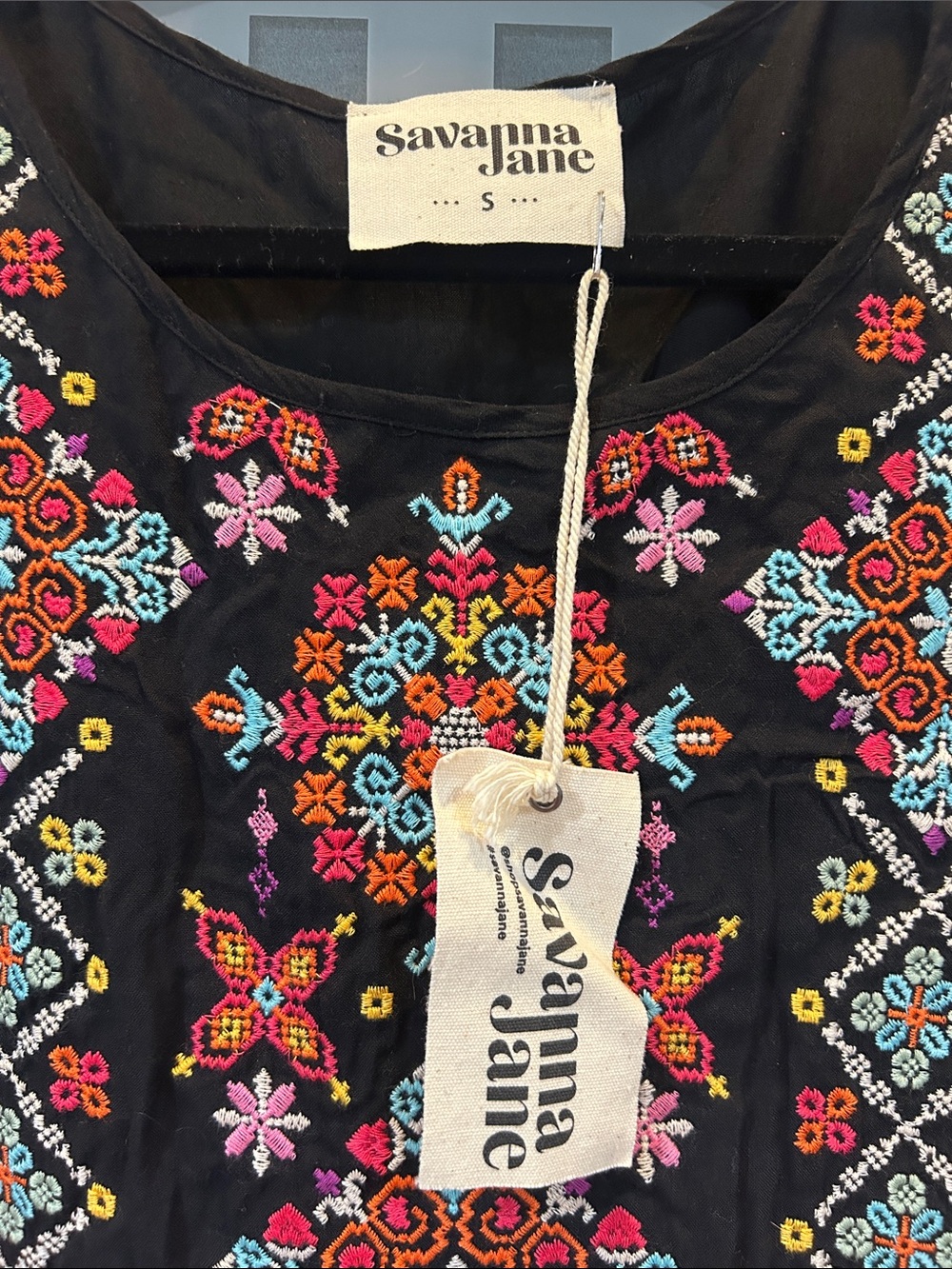 Savanna Jane Black Embroidered Boho Tunic with Multicolor Folk Motifs - Picture 2 of 3
